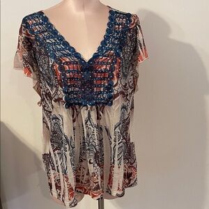 Bohemian embroider Bling Blue & Red Women's Top Size 2X Like NEW